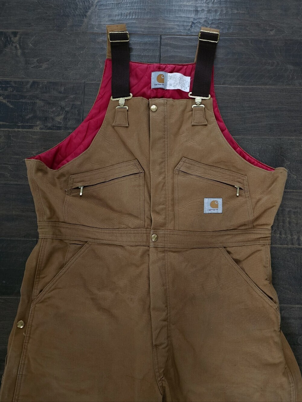 VINTAGE Beautiful Carhartt Brown Duck Bib Overalls with Red Lining Sz 40 X 30 - Picture 2 of 14